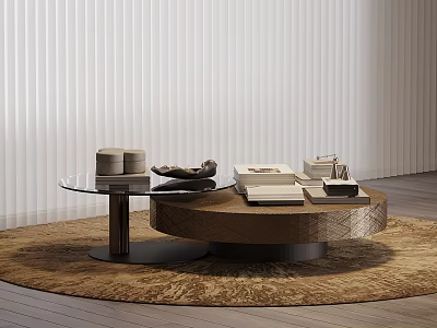 Stylish Modern Coffee Tables Featuring Glass Top And Wooden Base On Furry Rug With Books 3d model
