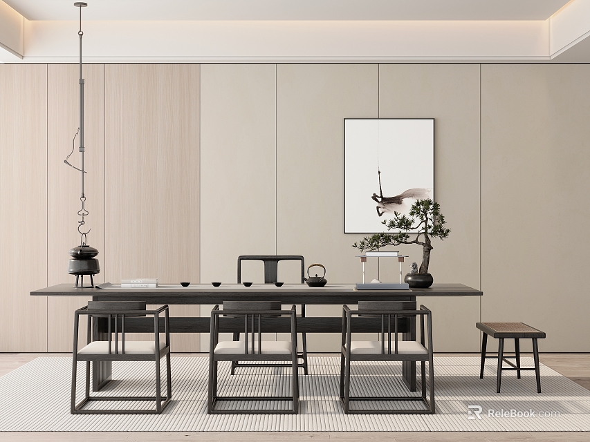 Modern Chinese Tea Table and Chairs with Wooden Design Potted Plant and Wall Art 3d model 