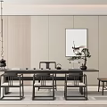 Modern Chinese Tea Table and Chairs with Wooden Design Potted Plant and Wall Art