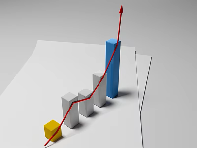 Bar Chart With Upward Red Arrow Showing Growth Trend And Colored Columns 3d model