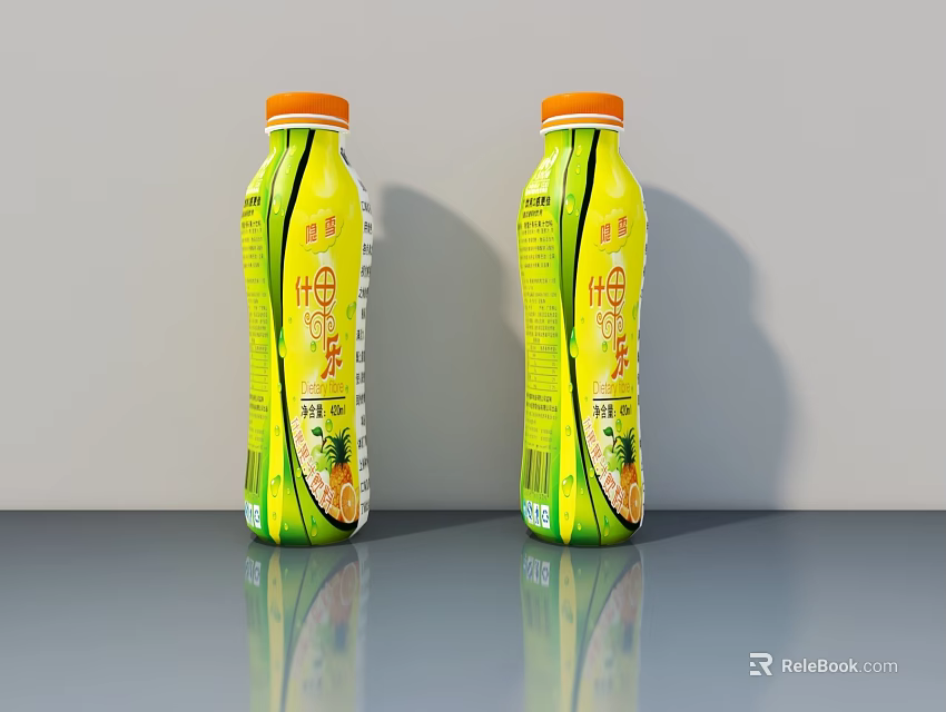 Yuzu Juice Bottles With Yellow Green Label And Orange Cap On Gray Surface 3d model 