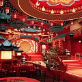 Chinese Style Banquet Hall With Red Decor Traditional Lanterns And Dragon Patterns