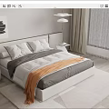 Modern Double Bed With Upholstered Headboard Gray Orange Bedding Side Nightstand Wall Painting Pendant Lamp