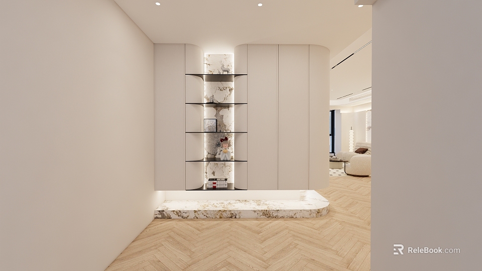 Modern Entryway Hallway Interior With White Cabinets Glass Shelves And Herringbone Floor 3d model 