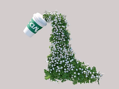 Artistic L shaped Floral Installation with CNN Coffee Cup Green Vines and White Flowers 3d model