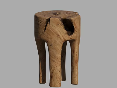 Natural Wooden Stool With Rustic Texture And Unique Holes For Home Decor 3d model