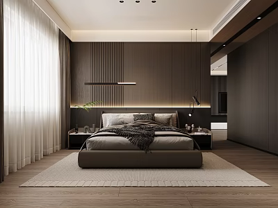 Modern Bedroom Interior Design With Dark Wooden Walls Large Bed Nightstands And Wooden Flooring 3d model