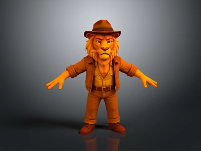 3D Animated Lion Character Wearing Adventurer Hat Coat And Boots With Open Arms Stance 3d model