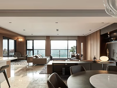 Modern Living and Dining Room Interior With Floor to ceiling Windows Sofa And Dining Table 3d model