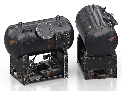 Rusted Black Industrial Storage Tanks with Metal Frames Pipes and Valves 3d model