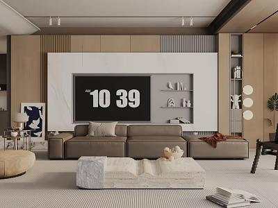 Modern Living Room Interior Design With Large TV Brown Sofa White Wall And Decorative Shelves 3d model