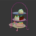 Three Tier Gold Metal Stand Displaying Assorted Desserts Cake Slices Ice Cream And Fresh Strawberry