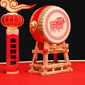 Chinese New Year Traditional Decorations With Red Lanterns Drums And Couplets