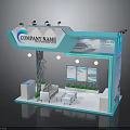 Modern Blue And White Exhibition Booth With Company Name Signage Sofa Tables And Information Panels