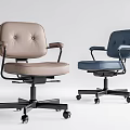 Two Modern Beige And Blue Office Chairs With Armrests And Swivel Wheels