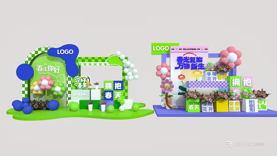 Spring Themed Exhibition Booth Design With Flowers Balloons And Renewal Elements 3d model