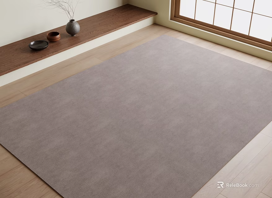 Soft Light Gray Square Carpet On Wooden Floor Near Window With Wooden Bench 3d model 