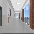Bright School Corridor With Blue Door White Tiled Walls Brown Pillars And Metal Railings