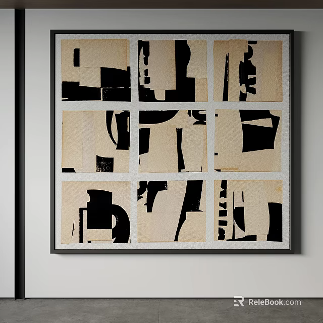 Black and White Geometric Collage Artwork in Black Frame on White Wall 3d model 