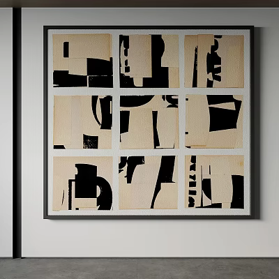 Black and White Geometric Collage Artwork in Black Frame on White Wall 3d model