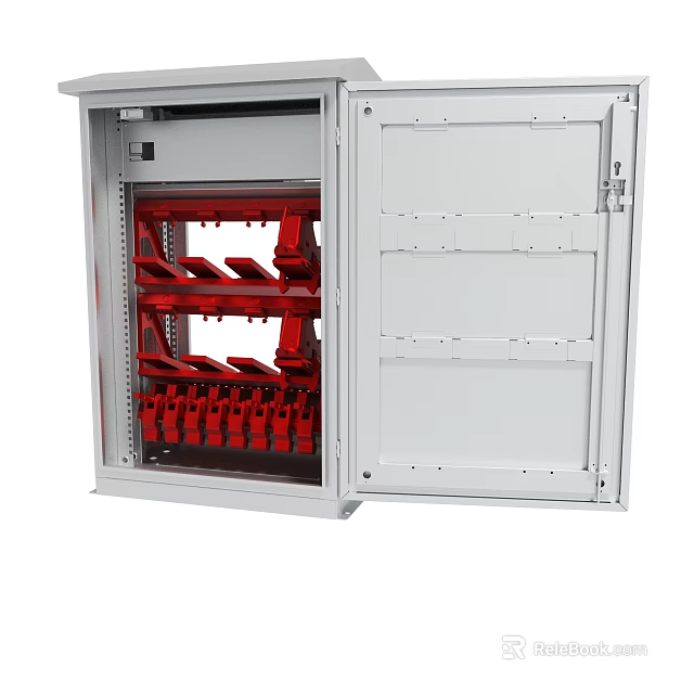 Open Electrical Distribution Cabinet With Red Circuit Breakers And White Metal Enclosure 3d model 
