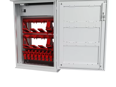 Open Electrical Distribution Cabinet With Red Circuit Breakers And White Metal Enclosure 3d model