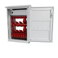 Open Electrical Distribution Cabinet With Red Circuit Breakers And White Metal Enclosure