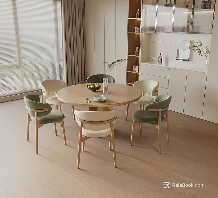 Modern Round Wooden Dining Table with Four Chairs Green Beige Cushions and Window View 3d model 