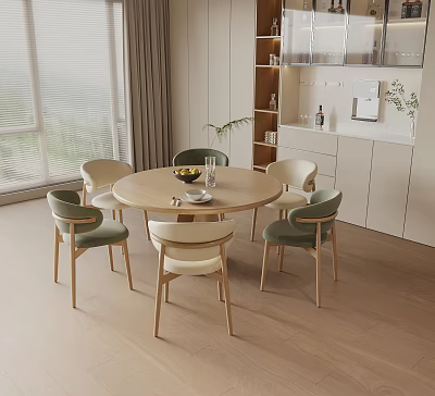 Modern Round Wooden Dining Table with Four Chairs Green Beige Cushions and Window View 3d model