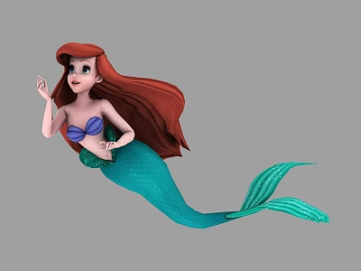 A Woman With Red Hair Wearing Blue Shell Top And Green Mermaid Tail Waving 3d model