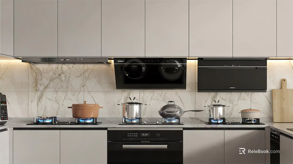 Modern Kitchen With Marble Countertop Stove Pots Range Hood And Appliances 3d model 