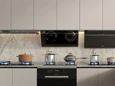 Modern Kitchen With Marble Countertop Stove Pots Range Hood And Appliances 3d model