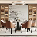 Luxurious Restaurant Dining Room With Round Table Elegant Chairs And Chinese Painting