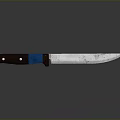 Professional Chef Knife with Silver Blade Brown Blue Handle on Gray Background Flat Surface Reflection