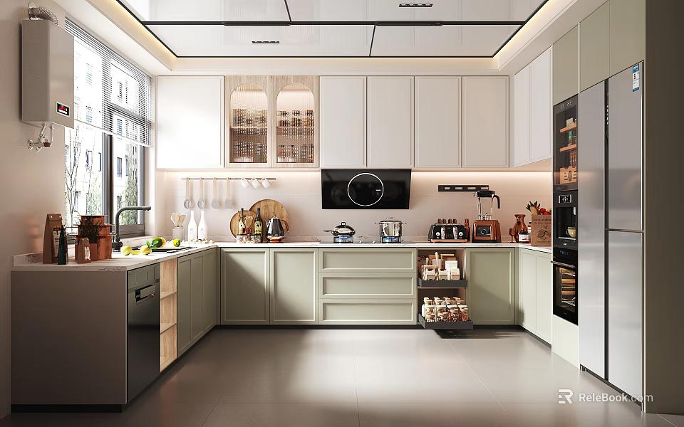 Modern Kitchen Interior Design With Light Green And White Cabinets Countertop Windows And Appliances 3d model 