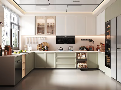 Modern Kitchen Interior Design With Light Green And White Cabinets Countertop Windows And Appliances 3d model
