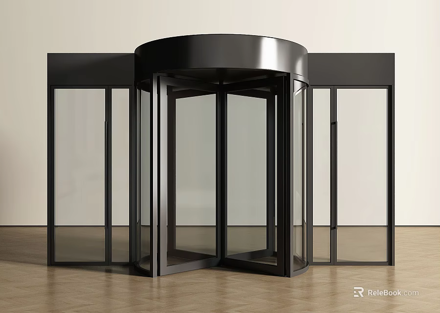 Sleek Black Frame Revolving Door With Glass Panels And Wooden Floor 3d model 