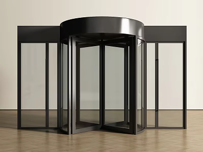 Sleek Black Frame Revolving Door With Glass Panels And Wooden Floor 3d model
