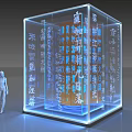 Transparent Illuminated Display Case With Glowing Chinese Calligraphy And Human Figure