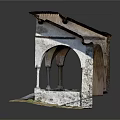 Ancient Stone Structure Model Featuring Arched Doorways Tiled Roof And Grass Base