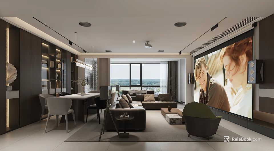 Modern Living Dining Room Interior With Floor To Ceiling Windows Sofa And Coffee Table 3d model 