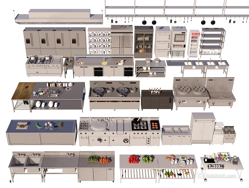Commercial Kitchen Appliances Featuring Stainless Steel Cooking Equipment And Workstations 3d model 