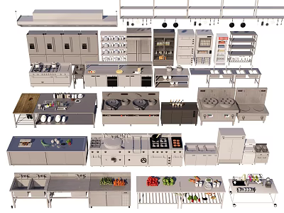 Commercial Kitchen Appliances Featuring Stainless Steel Cooking Equipment And Workstations 3d model