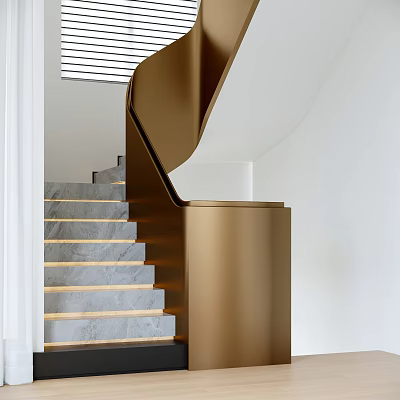 Modern Staircase Design With Golden Railing And Gray Marble Illuminated Steps 3d model