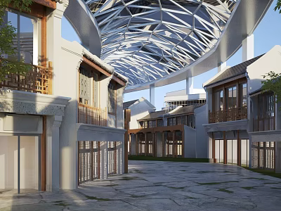 Ancient Architecture Courtyard With Traditional Wooden Windows White Walls And Glass Roof 3d model