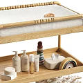 Natural Wooden Three Tier Storage Shelf With Cushioned Top Towels Toiletries And Woven Basket