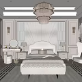 Luxurious Bedroom Interior With Scalloped Headboard Crystal Chandelier And Symmetric Wall Lamps