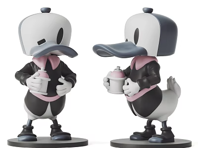 Cute Cartoon Duck Figurines In Black White With Gray Hat Holding Pink Cup On Black Base 3d model