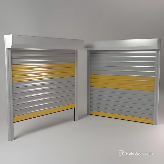 Silver And Yellow Striped Roller Shutters With Modern Metallic Double Door Design 3d model 