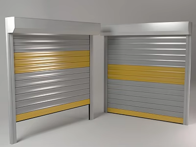 Silver And Yellow Striped Roller Shutters With Modern Metallic Double Door Design 3d model